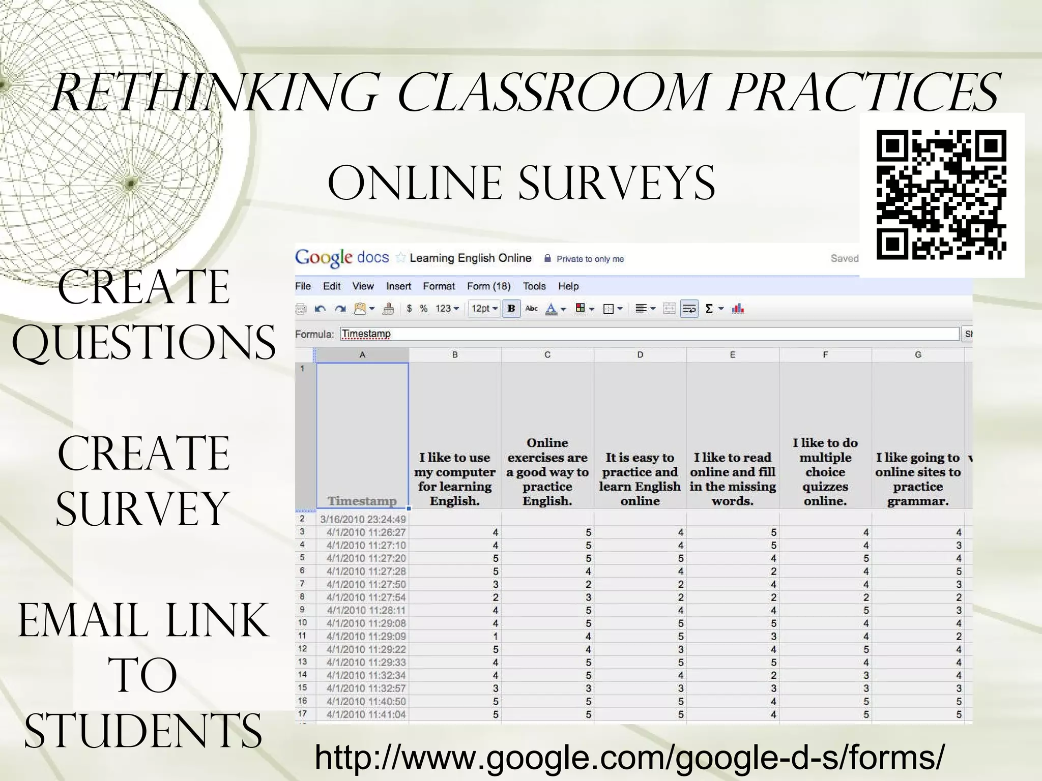Rethinking Classroom Practices Online Surveys Create Questions Create Survey Email link to students http://www.google.com/google-d-s/forms/ 