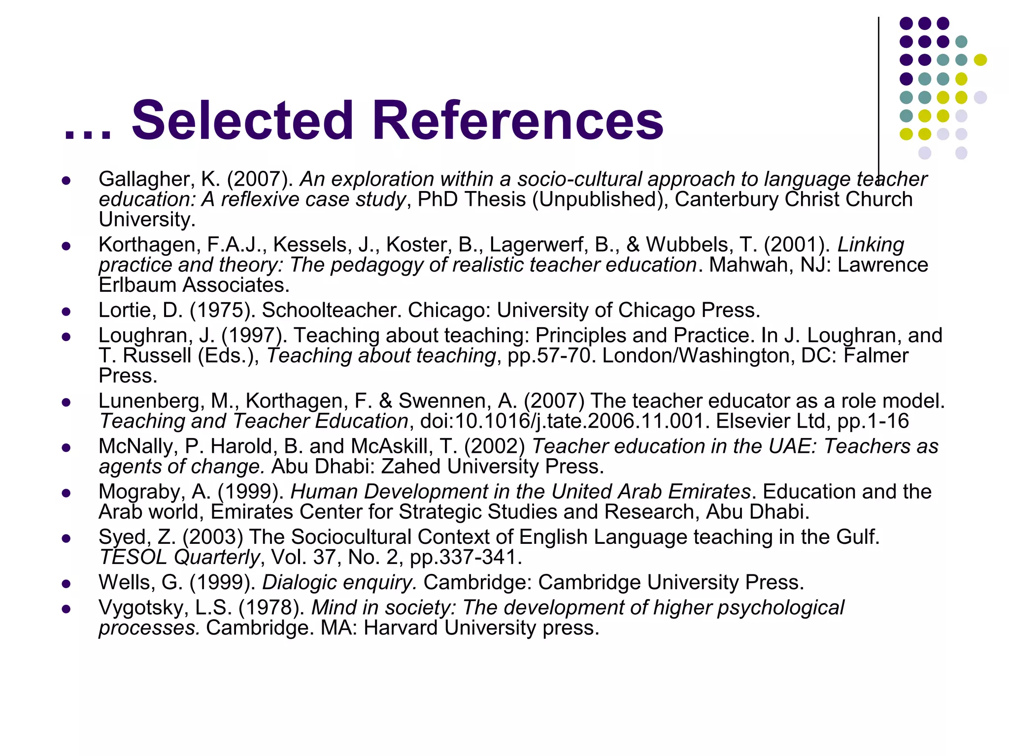 … Selected ReferencesGallagher, K. (2007). An exploration within a socio-cultural approach to language teacher education: A reflexive case study, PhD Thesis (Unpublished), Canterbury Christ Church University.Korthagen, F.A.J., Kessels, J., Koster, B., Lagerwerf, B., & Wubbels, T. (2001). Linking practice and theory: The pedagogy of realistic teacher education. Mahwah, NJ: Lawrence Erlbaum Associates.Lortie, D. (1975). Schoolteacher. Chicago: University of Chicago Press.Loughran, J. (1997). Teaching about teaching: Principles and Practice. In J. Loughran, and T. Russell (Eds.), Teaching about teaching, pp.57-70. London/Washington, DC: Falmer Press.Lunenberg, M., Korthagen, F. & Swennen, A. (2007) The teacher educator as a role model. Teaching and Teacher Education, doi:10.1016/j.tate.2006.11.001. Elsevier Ltd, pp.1-16McNally, P. Harold, B. and McAskill, T. (2002) Teacher education in the UAE: Teachers as agents of change. Abu Dhabi: Zahed University Press.Mograby, A. (1999). Human Development in the United Arab Emirates. Education and the Arab world, Emirates Center for Strategic Studies and Research, Abu Dhabi.Syed, Z. (2003) The Sociocultural Context of English Language teaching in the Gulf. TESOL Quarterly, Vol. 37, No. 2, pp.337-341.Wells, G. (1999). Dialogic enquiry. Cambridge: Cambridge University Press. Vygotsky, L.S. (1978). Mind in society: The development of higher psychological processes. Cambridge. MA: Harvard University press. 