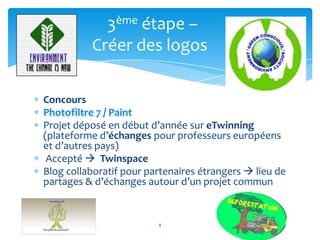 3ème étape –
Créer des logos
Concours
Photofiltre 7 / Paint
Projet déposé en début d’année sur eTwinning
(plateforme d’éch...