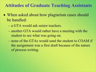Low Degrees of Agreement among StudentsQ. 25You are a writing a paper and you copy a few words from another paper. Do you think this kind of copying is considered plagiarism?Copying even a few words is considered plagiarism. (n=95)Copying a few words is only plagiarism if the words are very important. (n=61)Copying a few words doesn’t matter. (n=82)