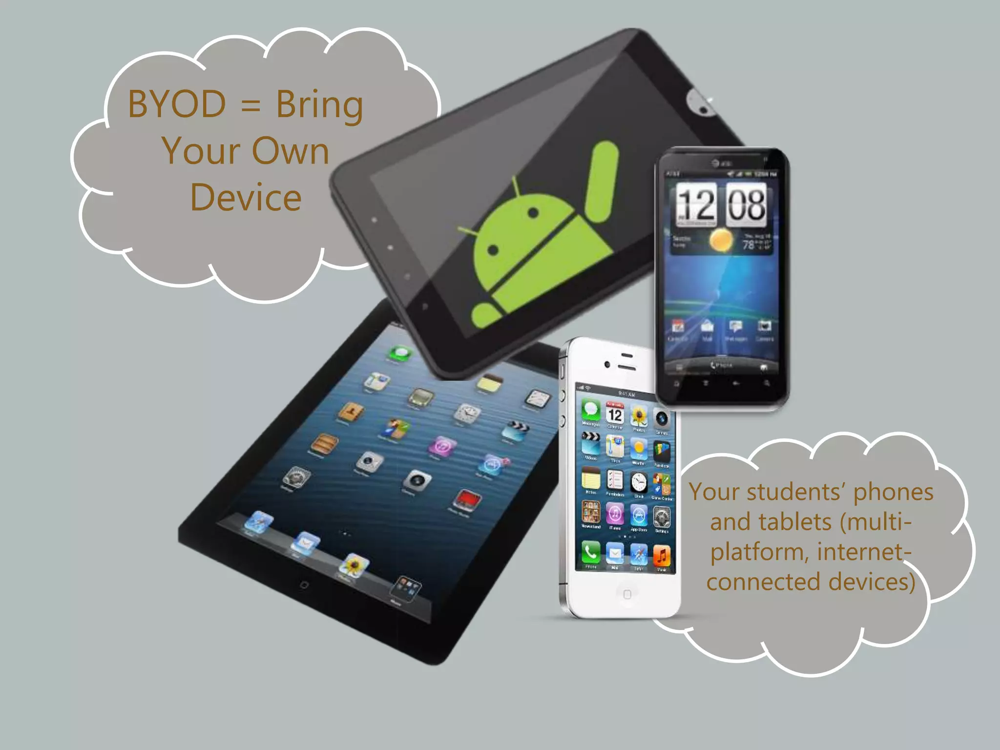 Your students’ phones
and tablets (multi-
platform, internet-
connected devices)
BYOD = Bring
Your Own
Device
 