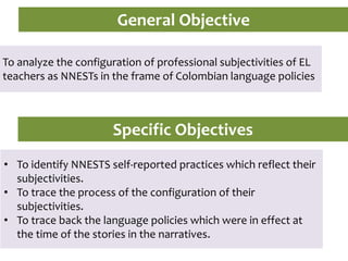 General Objective
To analyze the configuration of professional subjectivities of EL
teachers as NNESTs in the frame of Colombian language policies
Specific Objectives
• To identify NNESTS self-reported practices which reflect their
subjectivities.
• To trace the process of the configuration of their
subjectivities.
• To trace back the language policies which were in effect at
the time of the stories in the narratives.
 