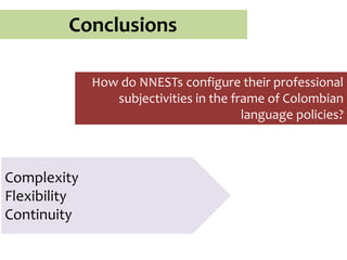 Conclusions
How do NNESTs configure their professional
subjectivities in the frame of Colombian
language policies?
Complexity
Flexibility
Continuity
 