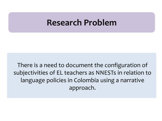 There is a need to document the configuration of
subjectivities of EL teachers as NNESTs in relation to
language policies in Colombia using a narrative
approach.
Research Problem
 