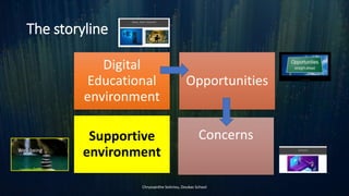 The storyline
Chryssanthe Sotiriou, Doukas School
Digital
Educational
environment
Opportunities
Concerns
Supportive
environment
 