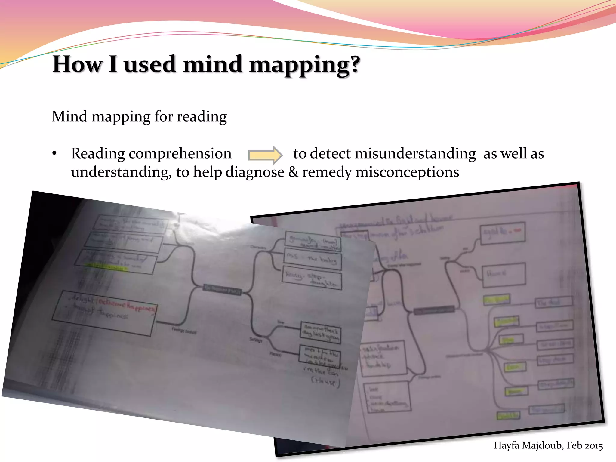 How I used mind mapping?
Mind mapping for reading
• Reading comprehension to detect misunderstanding as well as
understanding, to help diagnose & remedy misconceptions
Hayfa Majdoub, Feb 2015
 