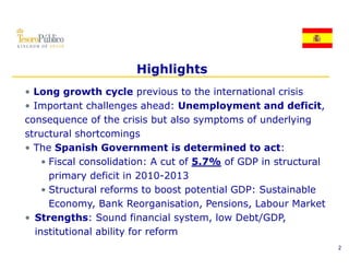 Highlights
• Long growth cycle previous to the international crisis
• Important challenges ahead: Unemployment and deficit,
consequence of the crisis but also symptoms of underlying
structural shortcomings
• The Spanish Government is determined to act:
         p
    • Fiscal consolidation: A cut of 5.7% of GDP in structural
      primary deficit in 2010-2013
    •SStructural reforms to boost potential GDP: Sustainable
                l f           b          i l GDP S     i bl
      Economy, Bank Reorganisation, Pensions, Labour Market
• Strengths: Sound financial system, low Debt/GDP,
  institutional ability for reform
                                                                 2
 