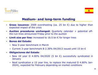 Medium- and long-term funding
• Gross issuance: 2009 overshooting (ca. 25 bn €) due to higher than
  expected impact of the crisis
• Auction procedures unchanged: Quarterly calendar + potential off-
  the-run lines announced Friday prior to the auction
• Limit size per line: increased to 16.5 bn € for longer lines
• Bonos del Estado:
   • New 5-year benchmark in March
   • Current 3-year benchmark B 2.30% 04/2013 issued until 15 bn €
• Obli
  Obligaciones d l E t d
         i     del Estado:
   • New 10 year O 4.00% 04/2020 (5 bn €) successfully syndicated in
     January
   • Next syndication a 15 year line, to replace the matured O 4.80% Jan-
     2024), expected for February depending on market conditions
                                                                            36
 