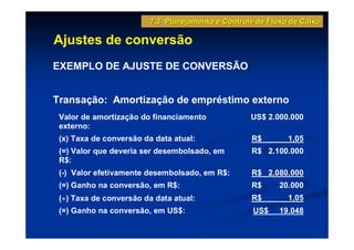 7.3 Planejamento e Controle de Fluxo de Caixa

Ajustes de conversão
EXEMPLO DE AJUSTE DE CONVERSÃO


Transação: Amortização de empréstimo externo
 Valor de amortização do financiamento             US$ 2.000.000
 externo:
 (x) Taxa de conversão da data atual:              R$        1,05
 (=) Valor que deveria ser desembolsado, em        R$ 2.100.000
 R$:
 (-) Valor efetivamente desembolsado, em R$:       R$ 2.080.000
 (=) Ganho na conversão, em R$:                    R$      20.000
  ÷
 (÷) Taxa de conversão da data atual:              R$        1,05
 (=) Ganho na conversão, em US$:                    US$    19.048
 