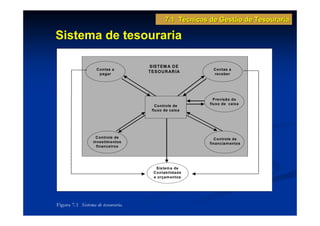 7.1 Técnicas de Gestão de Tesouraria

Sistema de tesouraria

                                    SISTEM A DE
                   C ontas a                             Contas a
                                    TESO URAR IA
                     pagar                               receber




                                                         Previsão de
                                                       fluxo de caixa
                                       Controle de
                                     fluxo de caixa




                   C ontrole de                          C ontrole de
                  investim entos                       financiam entos
                    financeiros




                                       Sistem a de
                                      Contabilidade
                                      e orçam entos




Figura 7.1 Sistema de tesouraria.
 