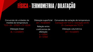Conversão de unidades de
medida de temperatura
°C/5 = (K - 273)/5 = (°F-32)/9
Dilatação linear
ΔL = Lo.(α)(ΔT)
Dilatação superficial
ΔA = Ao.(β)(ΔA)
Relação entre
coeficientes de
dilatação
γ = (3)(α)
β = (2)(α)
Conversão da variação de temperatura
(variação em °C)/ 5 = (variação em K)
/5 = (variação em °F) / 9
Dilatação volumétrica
ΔV = Vo.(γ)(ΔT)
FISICA - TERMOMETRIA / DILATACAO
´ ~
~
 