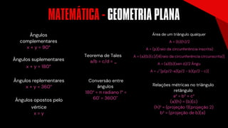 Ângulos replementares
x + y = 360°
Ângulos opostos pelo
vértice
x = y
Ângulos
complementares
x + y = 90°
Ângulos suplementares
x + y = 180°
Área de um triângulo qualquer
A = (b)(h)/2
A = (p)(raio da circunferência inscrita)
A = (a)(b)(c)/[4(raio da circunferência circunscrita)]
A = (a)(b)(sen α)/2 Ângu
A = √ [p(p/2-a)(p/2 - b)(p/2 - c)]
MATEMÁTICA - GEOMETRIA PLANA
´
Teorema de Tales
a/b = c/d = _
Conversão entre
ângulos
180° = π radiano 1° =
60' = 3600''
Relações métricas no triângulo
retângulo
a² = b² + c²
(a)(h) = (b)(c)
(h)² = (projeção 1)(projeção 2)
b² = (projeção de b)(a)
 