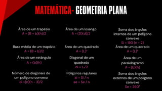 Área de um trapézio
A = (B + b)(h)/2
Número de diagonais de
um polígono convexo
di =(n)(n - 3)/2
Base média de um trapézio
A = (B + b)/2
Área de um retângulo
A = (b)(h)
Área de um quadrado
A = (L)²
Diagonal de um
quadrado
di = L√2
Polígonos regulares
ai = Si / n
ae = Se / n
Soma dos ângulos
internos de um polígono
convexo
Si = 180 (n - 2)
Área de um quadrado
A = (L)²
Área de um
paralelogramo
A = (b)(h)
Soma dos ângulos
externos de um polígono
convexo
Se = 360°
MATEMÁTICA- GEOMETRIA PLANA
Área de um losango
A = (D)(d)/2
´
 