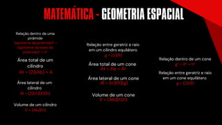MATEMÁTICA - GEOMETRIA ESPACIAL
´
Relação dentro de uma
pirâmide
(apótema da pirâmide)² =
(apótema da base da
pirâmide)² + h²
Área total de um
cilindro
At = (2)(Ab) + A
Relação entre geratriz e raio
em um cilindro equilátero
g = (2)(R)
Área total de um cone
At = Ab + Al
Área lateral de um cone
Al = (π)(R)(g)
Área lateral de um
cilindro
Al = (2)(π)(R)(h)
Volume de um cilindro
V = (Ab)(h)
Volume de um cone
V = (Ab)(h)/3
Relação dentro de um cone
g² = R² + h²
Relação entre geratriz e raio
em um cone equilátero
g = (2)(R)
 