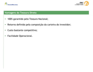 ƒ 100% garantido pelo Tesouro Nacional;
ƒ Retorno definido pela composição da carteira do investidor;
ƒ Custo bastante competitivo;
ƒ Facilidade Operacional.
Vantagens do Tesouro Direto
Vantagens do Tesouro Direto
 