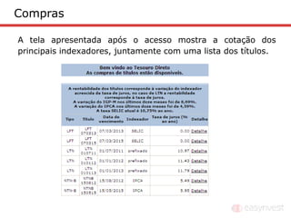 Compras

A tela apresentada após o acesso mostra a cotação dos
principais indexadores, juntamente com uma lista dos títulos.
 
