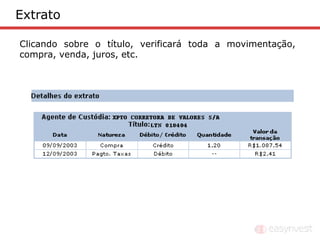 Extrato

Clicando sobre o título, verificará toda a movimentação,
compra, venda, juros, etc.
 