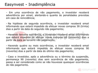 Easynvest - Inadimplência
- Em uma ocorrência de não pagamento, o investidor receberá
advertência por email, alertando-o quanto às penalidades previstas
em caso de reincidência;

- Na hipótese de segunda ocorrência, o investidor receberá email
informando que estará impedido de efetuar novas compras 30 (trinta)
dias a partir da data do segundo não pagamento;

- Havendo terceira ocorrência, o investidor receberá email informando
que estará impedido de efetuar novas compras 60 (sessenta) dias a
partir da data do terceiro não pagamento;

- Havendo quatro ou mais ocorrências, o investidor receberá email
informando que estará impedido de efetuar novas compras 90
(noventa) dias a partir da data do último não pagamento;

- Caso o investidor, após a advertência ou o término da suspensão,
permaneça 90 (noventa) dias sem ocorrência de não pagamento,
passa a ser considerado como se não houvesse quaisquer ocorrências
de não pagamento.
 