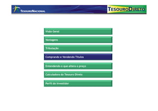 Visão Geral


Vantagens


Comprando e Vendendo Títulos
Tributação


Comprando e Vendendo Títulos


Entendendo o que altera o preço


Calculadora do Tesouro Direto


Perfil do Investidor
 