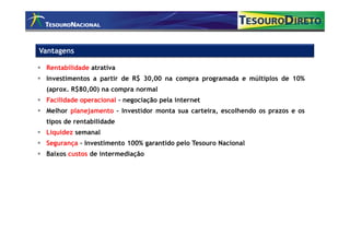 Vantagens

 Rentabilidade atrativa
 Investimentos a partir de R$ 30,00 na compra programada e múltiplos de 10%
 (aprox. R$80,00) na compra normal
 Facilidade operacional – negociação pela internet
 Melhor planejamento - Investidor monta sua carteira, escolhendo os prazos e os
 tipos de rentabilidade
 Liquidez semanal
 Segurança – Investimento 100% garantido pelo Tesouro Nacional
 Baixos custos de intermediação
 
