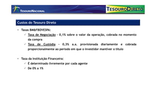 Custos do Tesouro Direto

  Taxas BM&FBOVESPA:
      Taxa de Negociação – 0,1% sobre o valor da operação, cobrada no momento
      da compra
      Taxa   de    Custódia –   0,3%   a.a.   provisionada   diariamente   e   cobrada
      proporcionalmente ao período em que o investidor mantiver o título


  Taxa da Instituição Financeira:
      É determinado livremente por cada agente
      De 0% a 1%
 