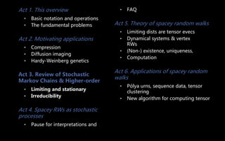 Act 1. This overview
• Basic notation and operations
• The fundamental problems
Act 2. Motivating applications
• Compression
• Diffusion imaging
• Hardy-Weinberg genetics
Act 3. Review of Stochastic
Markov Chains & Higher-order
• Limiting and stationary
• Irreducibility
Act 4. Spacey RWs as stochastic
processes
• Pause for interpretations and
• FAQ
Act 5. Theory of spacey random walks
• Limiting dists are tensor evecs
• Dynamical systems & vertex
RWs
• (Non-) existence, uniqueness,
• Computation
Act 6. Applications of spacey random
walks
• Pólya urns, sequence data, tensor
clustering
• New algorithm for computing tensor
 