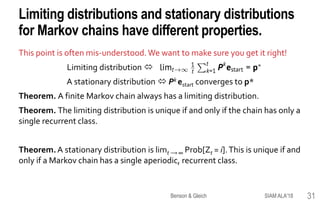Limiting distributions and stationary distributions
for Markov chains have different properties.
This point is often mis-understood.We want to make sure you get it right!
Limiting distribution 
A stationary distribution  Pk estart converges to p*
Theorem. A finite Markov chain always has a limiting distribution.
Theorem. The limiting distribution is unique if and only if the chain has only a
single recurrent class.
Theorem.A stationary distribution is limt ⟶ ∞ Prob[Zt = i].This is unique if and
only if a Markov chain has a single aperiodic, recurrent class.
SIAM ALA'18Benson & Gleich 31
 