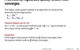 A sufficiently regularized spacey random walk
converges.
The higher-order power method is an algorithm to compute the
dominant tensor eigenvector.
yk+1 = Txk
m-1
xk+1 = yk+1 / || yk+1 ||
Theorem [Gleich-Lim-Yu 15]
If α < 1 / (m – 1), the power method on S = αP + (1 – α)J converges to
the unique vector satisfying Sxm-1 = x.
Conjecture.
If the higher-order power method on P always converges, then
the spacey random walk on P always converges.
SIAM ALA'18Benson & Gleich 62
 