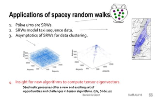 Applications of spacey random walks.
1. Pólya urns are SRWs.
2. SRWs model taxi sequence data.
3. Asymptotics of SRWs for data clustering.
4. Insight for new algorithms to compute tensor eigenvectors.
Stochastic processes offer a new and exciting set of
opportunities and challenges in tensor algorithms. (Us, Slide 10)
66SIAM ALA'18Benson & Gleich
 