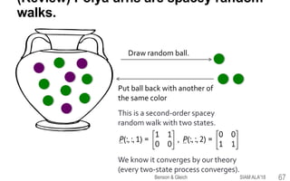 (Review) Pólya urns are spacey random
walks.
Draw random ball.
Put ball back with another of
the same color
This is a second-order spacey
random walk with two states.
We know it converges by our theory
(every two-state process converges).
67SIAM ALA'18Benson & Gleich
 