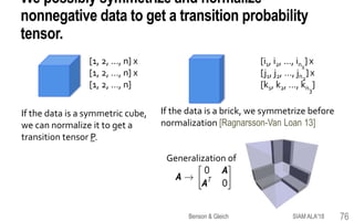 We possibly symmetrize and normalize
nonnegative data to get a transition probability
tensor.
[1, 2, …, n] x
[1, 2, …, n] x
[1, 2, …, n]
[i1, i2, …, in1
]x
[j1, j2, …, jn2
]x
[k1, k2, …, kn3
]
If the data is a brick, we symmetrize before
normalization [Ragnarsson-Van Loan 13]
Generalization of
If the data is a symmetric cube,
we can normalize it to get a
transition tensor P.
76SIAM ALA'18Benson & Gleich
 