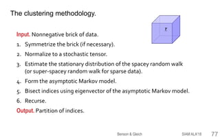 77
Input. Nonnegative brick of data.
1. Symmetrize the brick (if necessary).
2. Normalize to a stochastic tensor.
3. Estimate the stationary distribution of the spacey random walk
(or super-spacey random walk for sparse data).
4. Form the asymptotic Markov model.
5. Bisect indices using eigenvector of the asymptotic Markov model.
6. Recurse.
Output. Partition of indices.
The clustering methodology.
1
3
2
T
SIAM ALA'18Benson & Gleich
 