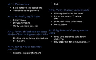 Act 1. This overview
• Basic notation and operations
• The fundamental problems
Act 2. Motivating applications
• Compression
• Diffusion imaging
• Hardy-Weinberg genetics
Act 3. Review of Stochastic processes
Markov Chains & Higher-order chains
• Limiting and stationary distributions
• Irreducibility
Act 4. Spacey RWs as stochastic
processes
• Pause for interpretations and
• FAQ
Act 5. Theory of spacey random walks
• Limiting dists are tensor evecs
• Dynamical systems & vertex
RWs
• (Non-) existence, uniqueness,
• Computation
Act 6. Applications of spacey random
walks
• Pólya urns, sequence data, tensor
clustering
• New algorithm for computing tensor
 