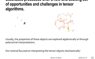 Stochastic processes offer a new and exciting set
of opportunities and challenges in tensor
algorithms.
Usually, the properties of these objects are explored algebraically or through
polynomial interpretations.
Our tutorial focused on interpreting the tensor objects stochastically!
SIAM ALA'18Benson & Gleich 89
A
3
2
1
 