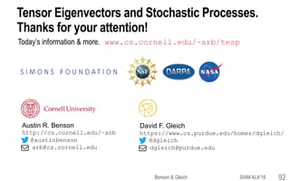 Tensor Eigenvectors and Stochastic Processes.
Thanks for your attention!
SIAM ALA'18Benson & Gleich 92
Today’s information & more. www.cs.cornell.edu/~arb/tesp
Austin R. Benson
http://cs.cornell.edu/~arb
@austinbenson
arb@cs.cornell.edu
David F. Gleich
https://www.cs.purdue.edu/homes/dgleich/
@dgleich
dgleich@purdue.edu
 
