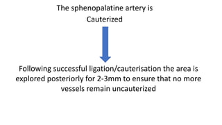 The sphenopalatine artery is
Cauterized
Following successful ligation/cauterisation the area is
explored posteriorly for 2-3mm to ensure that no more
vessels remain uncauterized