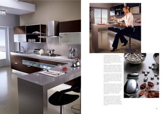 In sostituzione del tavolo tradizionale,
     un banco colazione con struttura e piano
     Quarz (spessore 9,5 cm). Sulla parete, alcuni
     pensili con ante in laminato Rovere e vetro,
     a giorno, separati da una cappa in acciaio.
     Un modo disinvolto di vivere la cucina dove
     oggi si intrecciano, sempre più, vita di relazione
     e realtà domestica.

     Instead of the traditional table, a breakfast top
     with Quarz frame and top (9.5 cm thick). On
     the wall, a number of wall units - with Oak
     laminate and glass doors, and open - separated
     by a steel hood. A kitchen attuned to today's
     casual ethos, where the distinctions between
     social and family life are more and more blurred.

     Pour remplacer la table traditionnelle, un plan
     petit déjeuner avec structure et plan en Quarz
     (épaisseur 9,5 cm). Sur le mur quelques hauts
     avec portes en stratifié Chêne et hauts vitrés,
     ouverts, séparés par une hotte en acier. Une
     manière désinvolte de vivre la cuisine où se
     mêlent de plus en plus vie sociale et réalité
     domestique.

     Der herkömmliche Tisch weicht einer schönen
     praktischen Frühstücksplatte mit Struktur und
     Platte aus Quarz (Stärke 9,5 cm). An der Wand
     einige Oberschränke mit Fronten in Laminat
     Eiche, mit Vitrinenfront oder offen, dazwischen
     eine Dunstabzugshaube aus Stahl. Eine neue,
     unkonventionelle Art, die Küche zu erleben,
     als einen Raum, in dem sich Alltag und
     Beziehungen immer enger miteinander
     verknüpfen.

     En lugar de la mesa tradicional, un plano de
     desayunar con estructura y encimera de
     Quarz de 9,5 cm de espesor. Contra la pared,
     algunos muebles abiertos, con puertas de
     laminado Roble y de cristal, separados por
     una campana de acero. Un modo desenvuelto
     de vivir la cocina, donde hoy en día, cada vez
     más, se entremezclan la vida social y la realidad
     doméstica.



34                                                        35
 