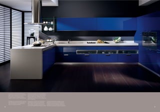 La soluzione che rende esclusiva l'area di           La solution, qui fait de cette zone de préparation
     preparazione e cottura dei cibi fa conquistare       et de cuisson des aliments un espace exclusif,
     spazi e rende l'ambiente più dinamico.               permet de gagner de l'espace et de rendre la
     La cappa in acciaio è sospesa; anche lei             pièce plus dynamique. La hotte en acier est
     elemento di attrazione nella totalità dell'arredo.   suspendue et est l'élément le plus attrayant de
                                                          tout l'ameublement.

     This layout with a zone exclusively for preparing    Eine exklusive Lösung für die Zubereitungs-          La propuesta que aporta exclusividad al área de
     and cooking food saves space and makes the           und Kochzone schafft ein entscheidendes              preparación y cocción de los alimentos permite
     room more dynamic. The suspended steel               Mehr an Raum und verleiht dem Ambiente               conquistar espacios y dinamizar el ambiente. La
     hood is an attractive focal point.                   mehr Dynamik. Ebenfalls ein Blickfang, der           campana de acero es suspendida, constituyendo
                                                          an der Decke abgehängte Dunstabzug aus Stahl.        otro elemento de atracción en la decoración general.
52                                                                                                                                                                    53
 