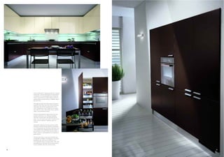 Forme essenziali e rigorose anche per i grandi
     contenitori: colonne attrezzate che valorizzano
     l'ambiente con incomparabili doti di praticità.
     Tutto è nascosto ma è subito pronto all'uso in
     questo spazio cucina lineare e raffinato, libero
     da costrizioni.

     The large storage units also have minimalist,
     essential lines; tall units with internal fixtures
     that make this kitchen exceptionally conve-
     nient. Everything is out of sight but immedia-
     tely ready for use in this streamlined, sophisti-
     cated, untrammelled kitchen.

     Formes essentielles et rigoureuses pour les
     grands contenants: les colonnes équipées
     valorisent la pièce avec des éléments prati-
     ques. Tout est caché mais prêt à l'emploi dans
     cette cuisine linéaire et raffinée, sans con-
     traintes.

     Essentielle, rigorose Formen auch für große
     Elemente, wie die Hochschränke mit komplet-
     ter Innenausstattung, die jedes Ambiente auch
     unter praktischem Aspekt aufwerten. Alles ist
     gut versteckt und doch sofort bei der Hand, in
     dieser linearen, extravaganten und ungezwun-
     genen Küche.

     Formas esenciales y rigurosas también para
     los grandes muebles contenedores: columnas
     equipadas que valorizan el ambiente con
     incomparables dotes de practicidad. Todo está
     escondido pero listo para usar en esta cocina
     lineal y refinada, libre de constricciones.



14                                                        15
 