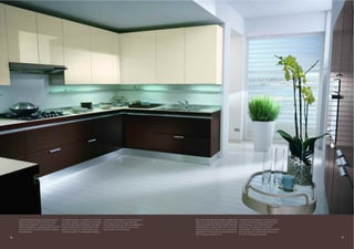 Il sistema di illuminazione sul fondo dei pensili     The lighting system in the bottoms of the wall     Le système d'éclairage sur le fond des hauts   Die an den Boden der Oberschränken angebrachte      El sistema de iluminación en el fondo de los
     produce visibilità sui piani di lavoro e nelle        units gives excellent visibility on the worktops   éclaire les plans et les zones de travail.     Beleuchtung des Nischenbereiches gewährleistet      muebles de pared facilita la visibilidad sobre
     diverse zone operative. Le luci creano un             and in the various working areas. The lights       Les lumières créent un effet scénographique:   nicht nur eine optimale Ausleuchtung der diversen   las encimeras y en las diferentes zonas
     effetto scenografico: un sapiente gioco di intimità   create a striking effect: a skilfully achieved     un jeu d'intimité étudié pour une cuisine      Arbeitsbereiche, sondern übernimmt auch eine        operativas. Las luces crean un efecto
     per una cucina al top dell'efficienza e tuttavia      effect of intimacy for a kitchen that is very      fonctionnelle et personnalisée.                wichtige ästhetische Funktion. Gut aufeinander      escenográfico: un inteligente aporte de intimidad
     personalizzata.                                       personal in spite of its unbeatable efficiency.                                                   abgestimmte Lichtquellen setzen jede Küche in       para una cocina al máximo de la eficiencia y
                                                                                                                                                             das richtige persönliche Licht.                     al mismo tiempo personalizada.
16                                                                                                                                                                                                                                                                   17
 