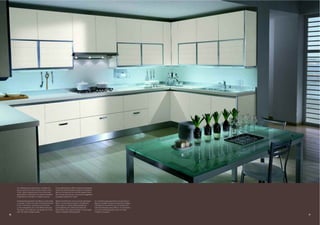 Un raffinato gioco geometrico, prodotto da         Un jeu géométrique raffiné, produit par quelques
     alcuni pensili con ante fresate e telai in allu-   hauts avec portes fraisées et cadres en aluminium,
     minio, nella composizione tutta in laminato        dans la composition en stratifié opaque Blanc.
     opaco Bianco. Sulle basi con cestello estraibile   Sur les bas avec panier coulissant est appliquée
     è applicata la maniglia in metallo a ponte.        la poignée saillante en métal.

     Sophisticated geometrical effects produced by      Oberschrankfronten mit horizontal gefrästen          Un refinado juego geométrico producido por
     a number of wall units with horizontal division    Rillen und Aluminiumrahmen schaffen bei              algunos muebles de pared con puertas fresadas
     lines in the doors, and aluminium frames,          dieser ganz in mattem Weiß gehaltenen                y bastidores de aluminio, en la composición
     in the composition all in mat White laminate.      Laminatküche ein raffiniertes Spiel der              toda de laminado opaco Blanco. En las bases
     The base units with pull-out basket are fitted     Geometrien. Die Unterschränke mit Auszügen           con cesto extraíble puede verse el tirador
     with the metal bridge handle.                      haben metallene Brückengriffe.                       metálico de puente.
20                                                                                                                                                           21
 