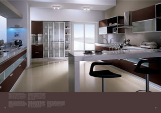 Soluzioni d'arredo di più ampio respiro, e         Des solutions d'ameublement plus amples et
     materiali per un insieme raffinato e tecnologi-    des matériaux multiples pour un ensemble
     co (legno, vetro, alluminio, acciaio, quarz),      raffiné et technologique (bois, verre, aluminium,
     trasformano la cucina in un ambiente “living”,     acier, quarz) transforment la cuisine en une
     aperto al resto della casa e alla socialità.       pièce “living”, ouverte au reste de la maison
                                                        et aux rencontres.

     A broader range of furnishing ideas, and           Großzügige Einrichtungslösungen und eine            Propuestas decorativas de mayores dimensio-
     materials for a sophisticated, high-tech ove-      interessante Palette von edlen und technologi-      nes y materiales de efecto general refinado y
     rall effect (wood, glass, aluminium, steel and     schen Materialien (Holz, Glas, Aluminium,           tecnológico (madera, cristal, aluminio, acero,
     quarz) transform the kitchen into a living area,   Stahl, Quarz) verwandeln die Küche in einen         quarz) transforman la cocina en un ambiente
     open to the rest of the home and great for         Wohnraum, der sich dem Rest des Hauses              “living”, abierto al resto de la casa y a la
     entertaining.                                      öffnet und die Geselligkeit fördert                 socialidad.
32                                                                                                                                                           33
 