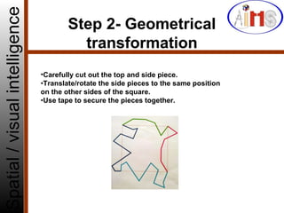 Step 2- Geometrical
transformation
Spatial/visualintelligence
•Carefully cut out the top and side piece.
•Translate/rotate the side pieces to the same position
on the other sides of the square.
•Use tape to secure the pieces together.
 