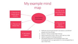My example mind 
map 
Tessa Perkins 
‘Stereotypes’ 
1. They are not 
always about 
minority 
5. They are not 
always false 
2. They can be 
held about ones 
own group 
3. They are not 
rigid or 
unchanging 
4. Not always 
negative 
1. Politicians are corrupt and don’t care about us and British 
people are all tea drinkers 
2. Dancers / Famous people (Dyer Theory) 
3. Nerds (used to be uncool, now it’s cool, seen as a style 
4. Italians are good at making pizza/pasta 
5. Old people being racist and old people frown upon 
homosexuals but in our generation it is more accepted than it 
was in their time. 
 