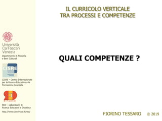 RED – Laboratorio di
Ricerca Educativa e Didattica
http://www.univirtual.it/red/
CISRE – Centro Internazionale
per la Ricerca Educativa e la
Formazione Avanzata
Dipartimento di Filosofia
e Beni Culturali
FIORINO TESSARO © 2019
IL CURRICOLO VERTICALE
TRA PROCESSI E COMPETENZE
QUALI COMPETENZE ?
 