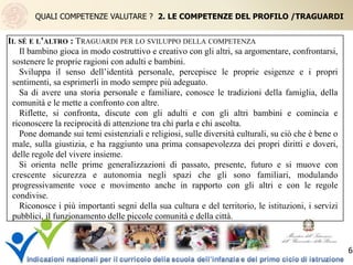 IL SÉ E L’ALTRO : TRAGUARDI PER LO SVILUPPO DELLA COMPETENZA	
Il bambino gioca in modo costruttivo e creativo con gli altri, sa argomentare, confrontarsi,
sostenere le proprie ragioni con adulti e bambini.
Sviluppa il senso dell’identità personale, percepisce le proprie esigenze e i propri
sentimenti, sa esprimerli in modo sempre più adeguato.
Sa di avere una storia personale e familiare, conosce le tradizioni della famiglia, della
comunità e le mette a confronto con altre.
Riflette, si confronta, discute con gli adulti e con gli altri bambini e comincia e
riconoscere la reciprocità di attenzione tra chi parla e chi ascolta.
Pone domande sui temi esistenziali e religiosi, sulle diversità culturali, su ciò che è bene o
male, sulla giustizia, e ha raggiunto una prima consapevolezza dei propri diritti e doveri,
delle regole del vivere insieme.
Si orienta nelle prime generalizzazioni di passato, presente, futuro e si muove con
crescente sicurezza e autonomia negli spazi che gli sono familiari, modulando
progressivamente voce e movimento anche in rapporto con gli altri e con le regole
condivise.
Riconosce i più importanti segni della sua cultura e del territorio, le istituzioni, i servizi
pubblici, il funzionamento delle piccole comunità e della città.
6
QUALI COMPETENZE VALUTARE ? 2. LE COMPETENZE DEL PROFILO /TRAGUARDI
 