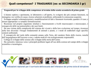 Quali competenze? I TRAGUARDI (es: sc SECONDARIA I gr)
Traguardi per lo sviluppo delle competenze al termine della scuola secondaria di primo grado
L’alunno esplora e sperimenta, in laboratorio e all’aperto, lo svolgersi dei più comuni fenomeni, ne
immagina e ne verifica le cause; ricerca soluzioni ai problemi, utilizzando le conoscenze acquisite.
Sviluppa semplici schematizzazioni e modellizzazioni di fatti e fenomeni ricorrendo, quando è il caso, a
misure appropriate e a semplici formalizzazioni.
Riconosce nel proprio organismo strutture e funzionamenti a livelli macroscopici e microscopici, è
consapevole delle sue potenzialità e dei suoi limiti.
Ha una visione della complessità del sistema dei viventi e della loro evoluzione nel tempo; riconosce
nella loro diversità i bisogni fondamentali di animali e piante, e i modi di soddisfarli negli specifici
contesti ambientali.
È consapevole del ruolo della comunità umana sulla Terra, del carattere finito delle risorse, nonché
dell’ineguaglianza dell’accesso a esse, e adotta modi di vita ecologicamente responsabili.
Collega lo sviluppo delle scienze allo sviluppo della storia dell’uomo.
Ha curiosità e interesse verso i principali problemi legati all’uso della scienza nel campo dello sviluppo
scientifico e tecnologico.
9
 