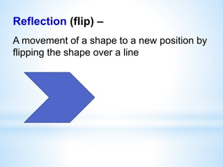 Reflection (flip) –
A movement of a shape to a new position by
flipping the shape over a line
 