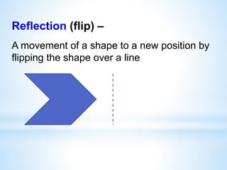 Reflection (flip) –
A movement of a shape to a new position by
flipping the shape over a line
 