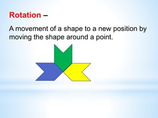 Rotation –
A movement of a shape to a new position by
moving the shape around a point.
 